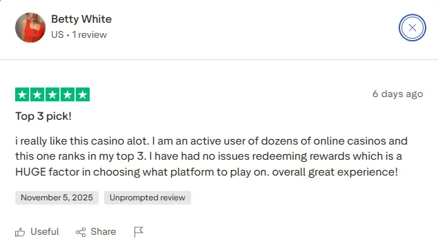 Positive Trustpilot feedback Adrenaline Casino Canada