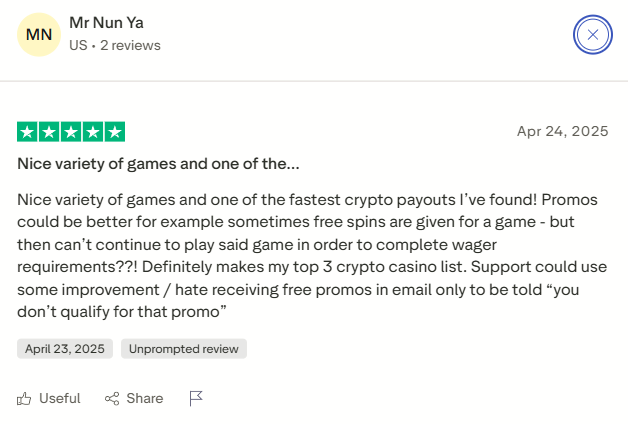 Trustpilot testimonial Adrenaline Casino service