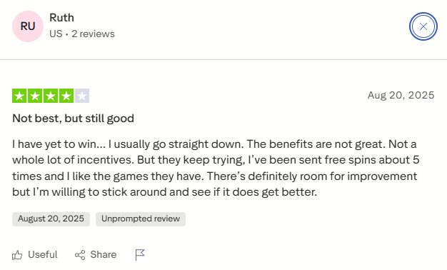 Trustpilot feedback praising Adrenaline Casino payouts